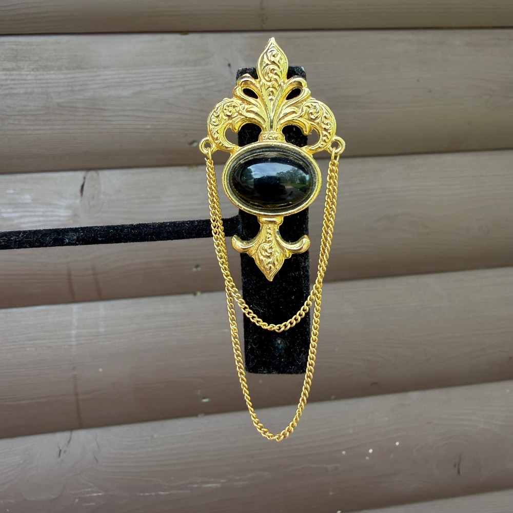 Vintage Signed BERGERE Gold Tone Fleur De Lis Black Cabochon Draped Chain Brooch